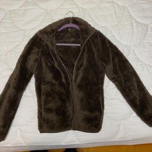 Uniqlo Fluffy Yarn Knit Teddy Bear Full Zip Jacket, Dark Brown - Size S